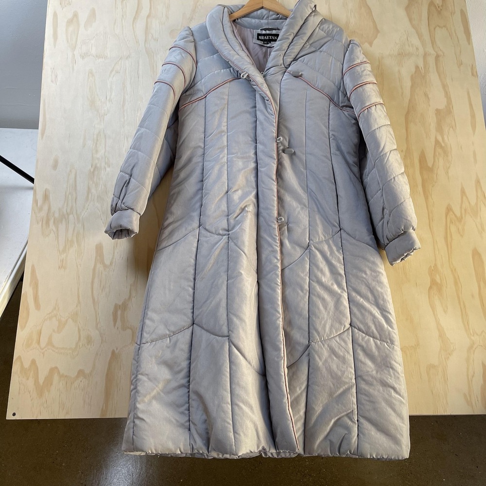 Vintage Braetan Coat Womens Large Gray Quilted Long Button Front Winter Puffer